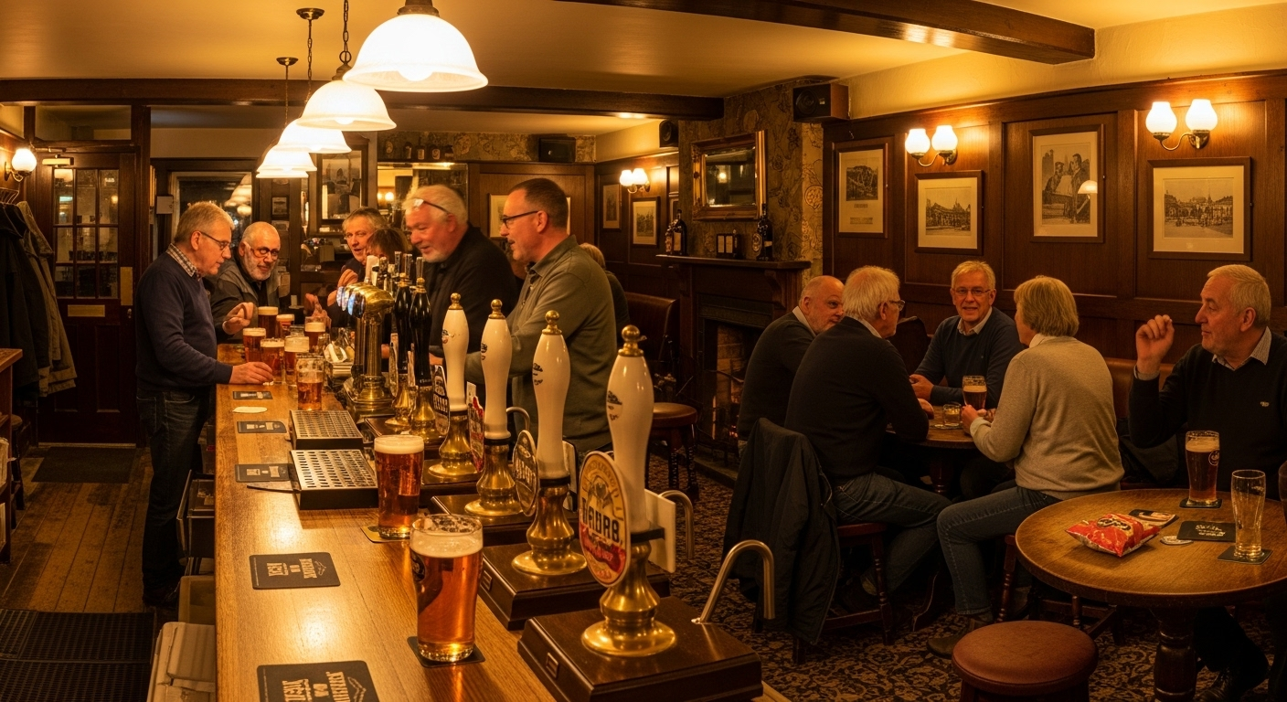 イギリスの伝統的なパブの内装。木製のカウンターに並ぶエールのタップ、暖かい照明、地元の人々が談笑している様子