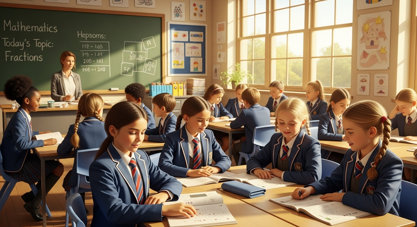 イギリスの教育現場の様子。制服を着た多国籍の子供たちが教室で学習している風景