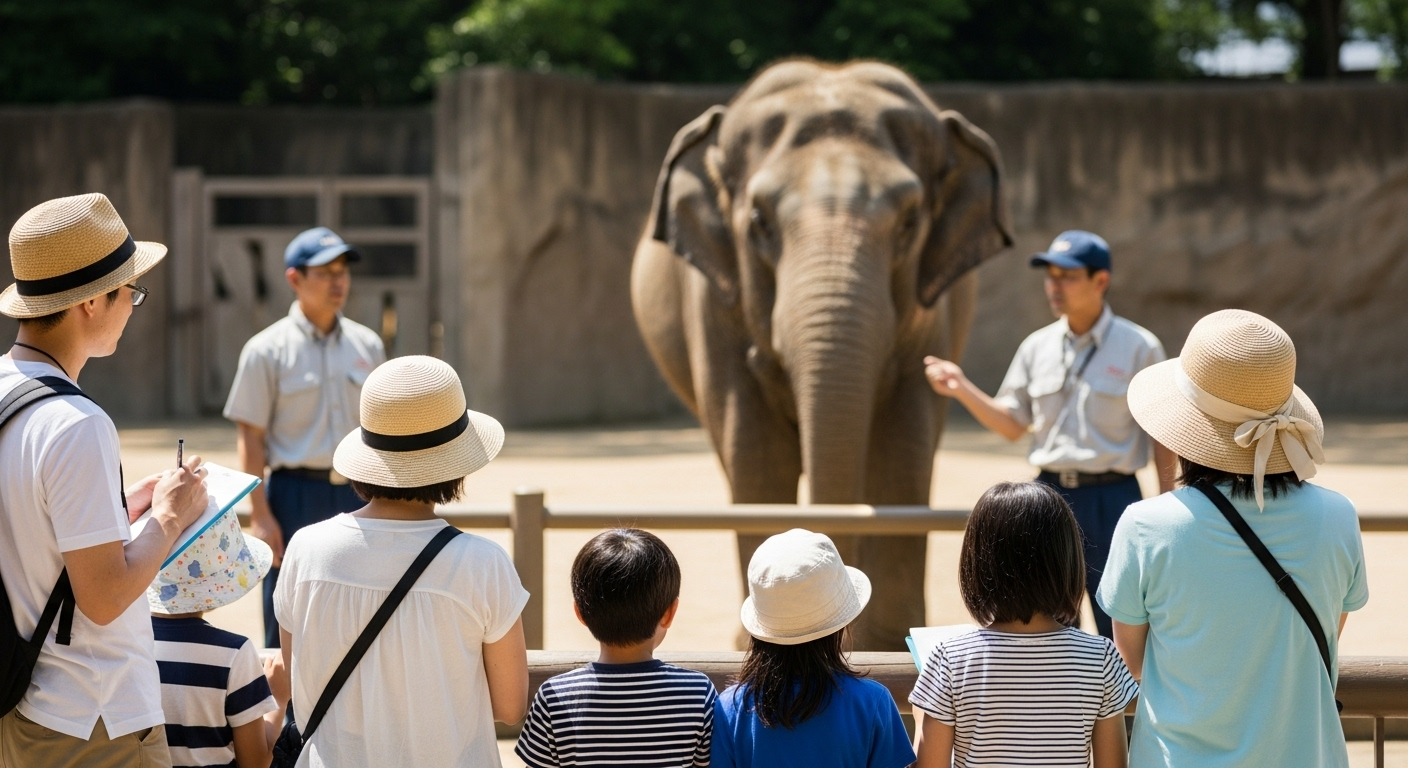 動物園でゾウの前に立つ日本人家族が、飼育員の説明を聞きながらゾウを観察している様子