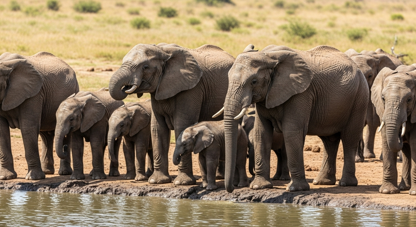 野生のアフリカゾウの群れが水辺で水を飲んだり泥浴びをしたりしている自然な生活風景