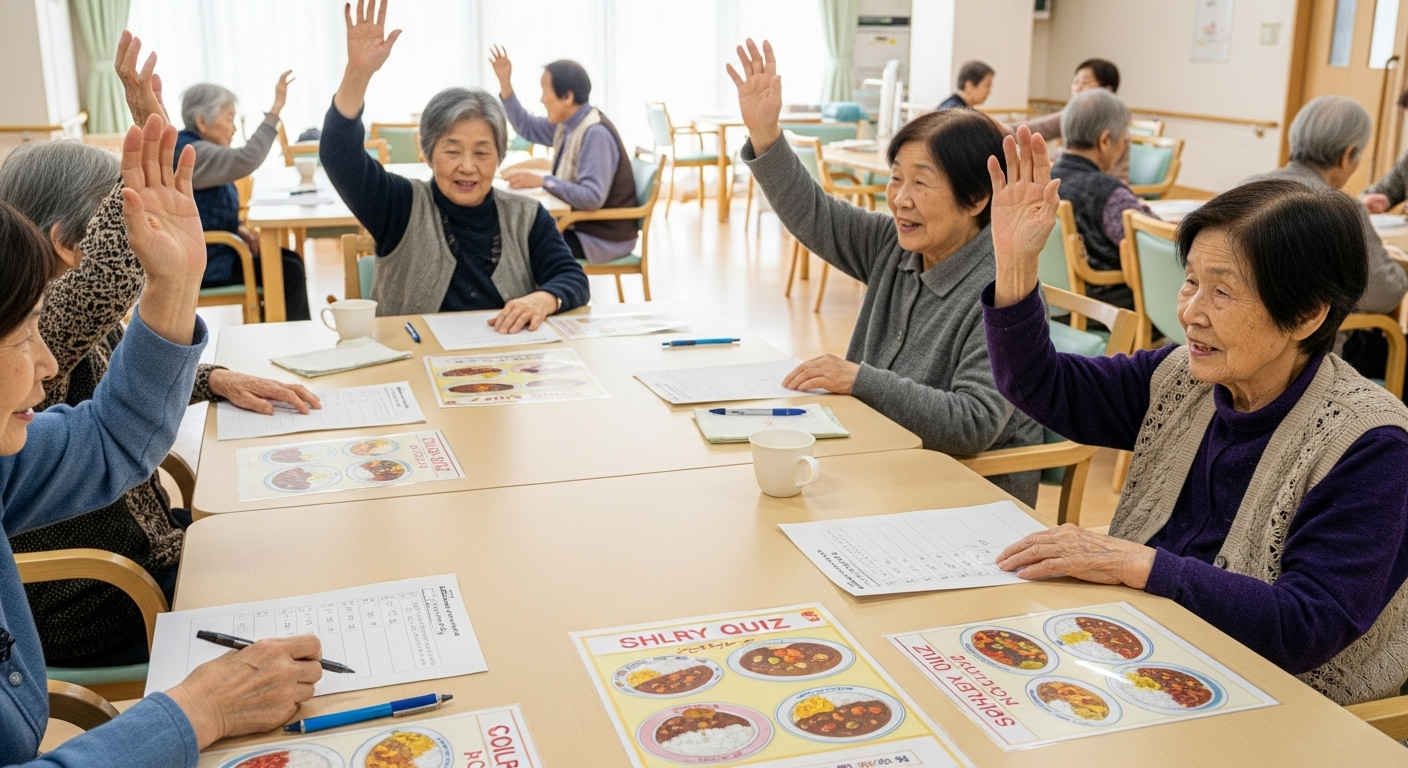 高齢者向けのレクリエーション施設で、お年寄りたちがテーブルを囲んでカレークイズを楽しんでいる様子