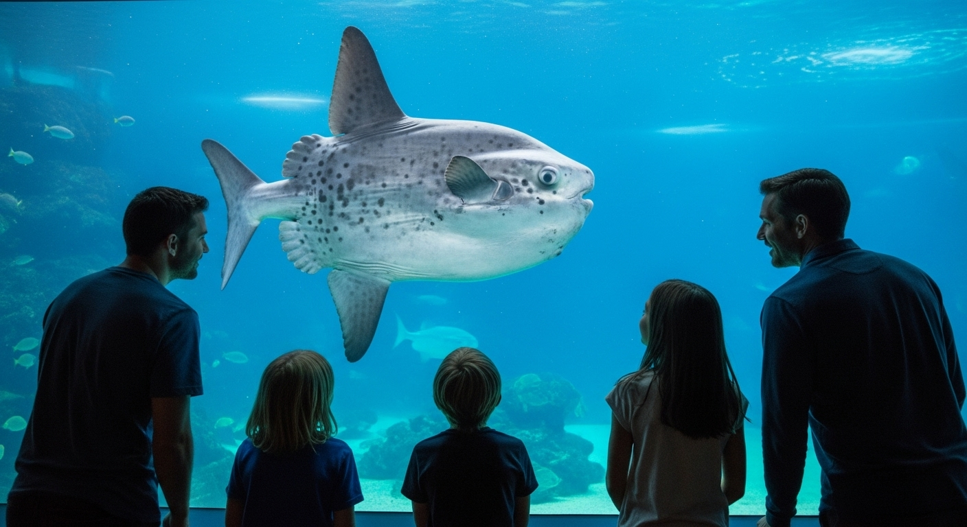 水族館の大きな水槽の前で、マンボウを観察している家族連れの様子