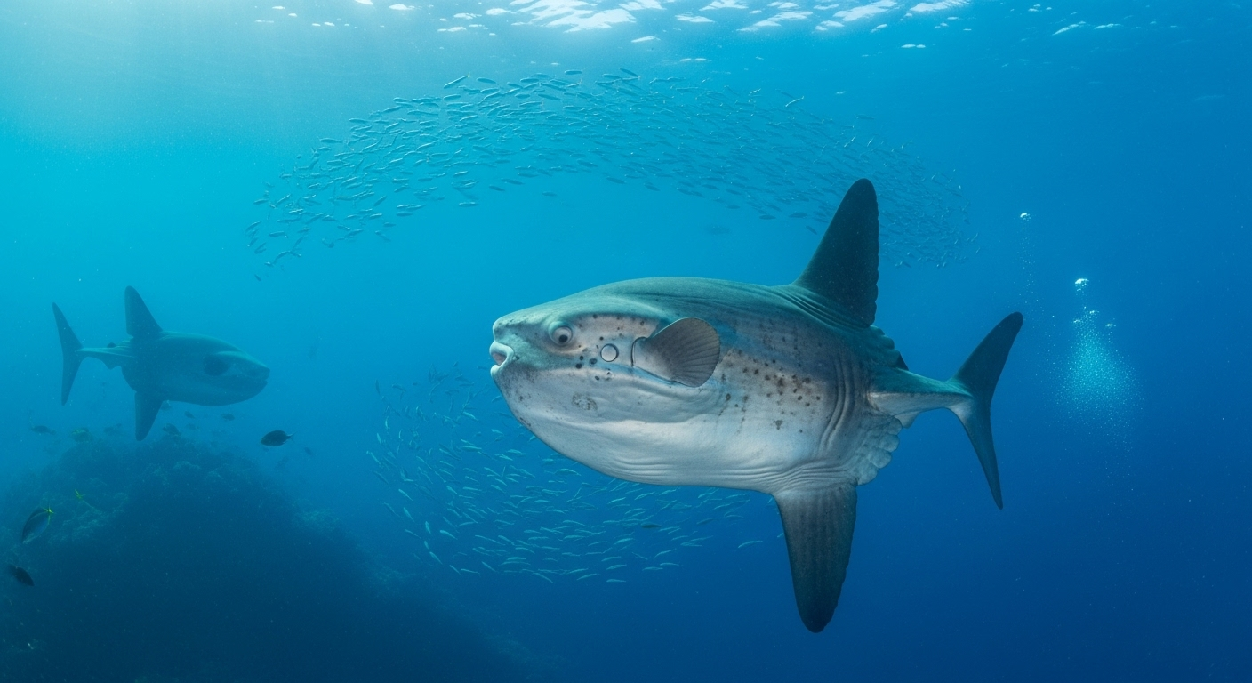 深い青い海の中で、健康なマンボウが他の海洋生物と一緒に泳いでいる自然な光景