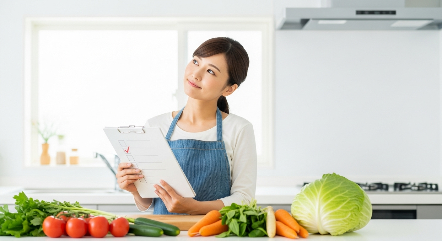 チェックリストを手に持つ30代の日本人女性が、明るいキッチンで野菜について考えている様子