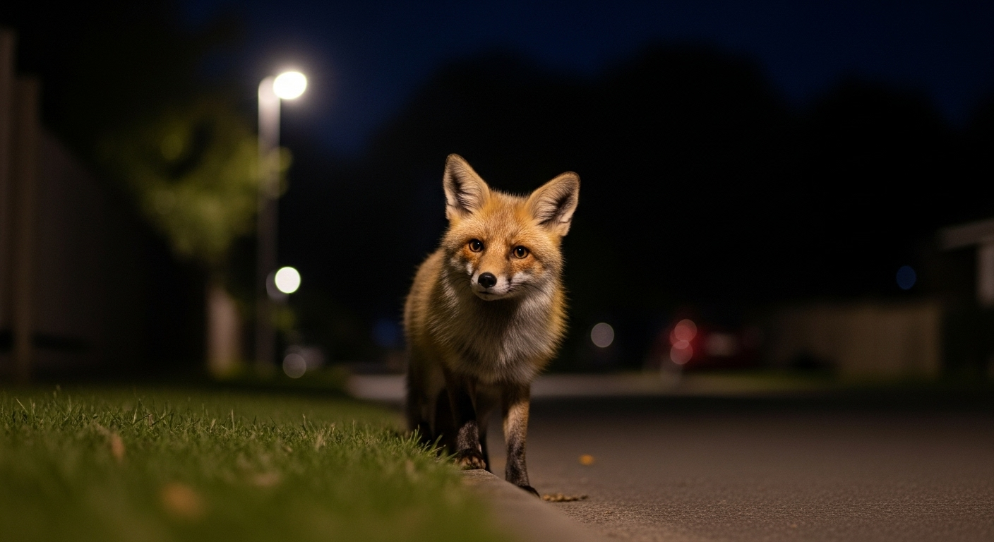 住宅地の夜道に現れた野生のキツネが警戒しながらこちらを見ている様子