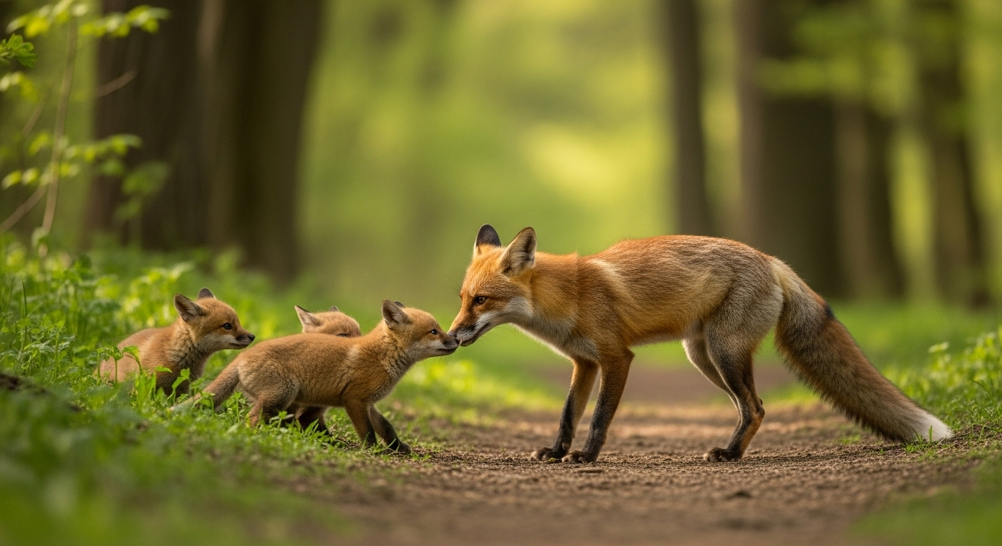 春の森で子育て中の親キツネが子ギツネたちと一緒にいる温かな家族の様子