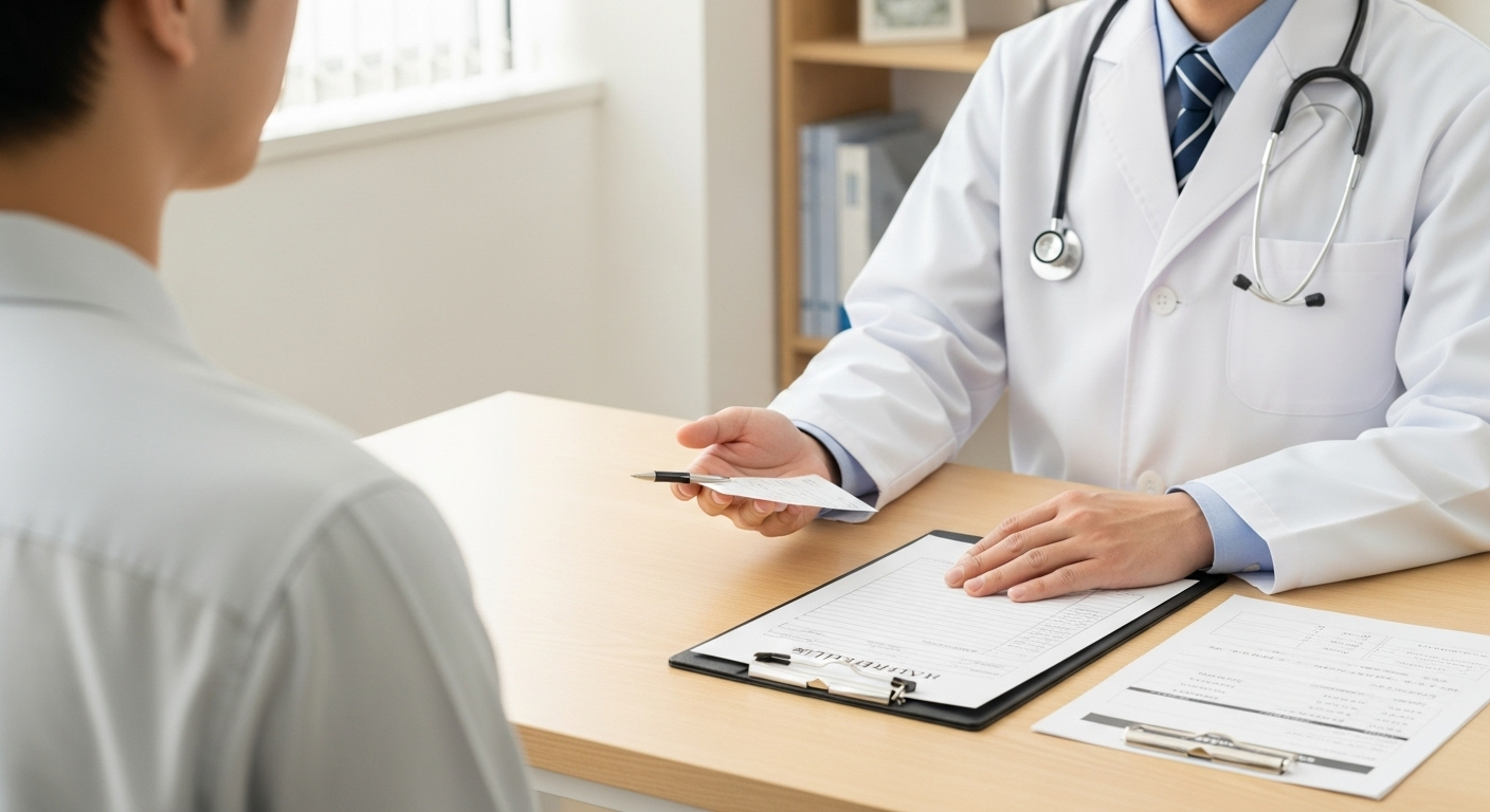 健康診断の風景を描いた明るい医療イメージ。白衣を着た日本人医師が30代の日本人患者に検査結果を説明している様子