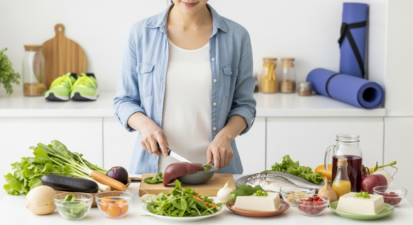 肝臓の健康管理をテーマにした生活習慣の場面。明るいキッチンで30代の日本人女性がバランスの良い食事を準備している様子