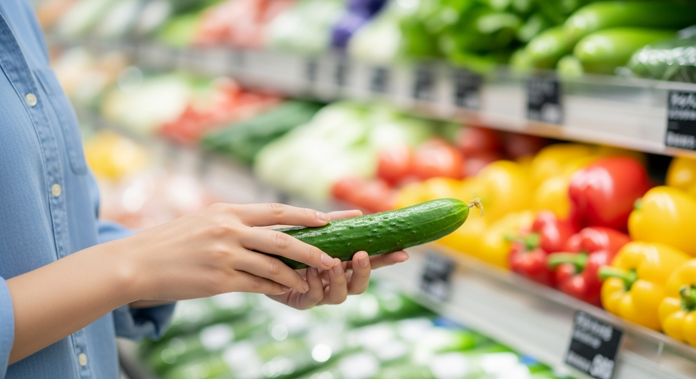 スーパーの野菜売り場で新鮮なきゅうりを選んでいる30代の日本人女性の手元のクローズアップ