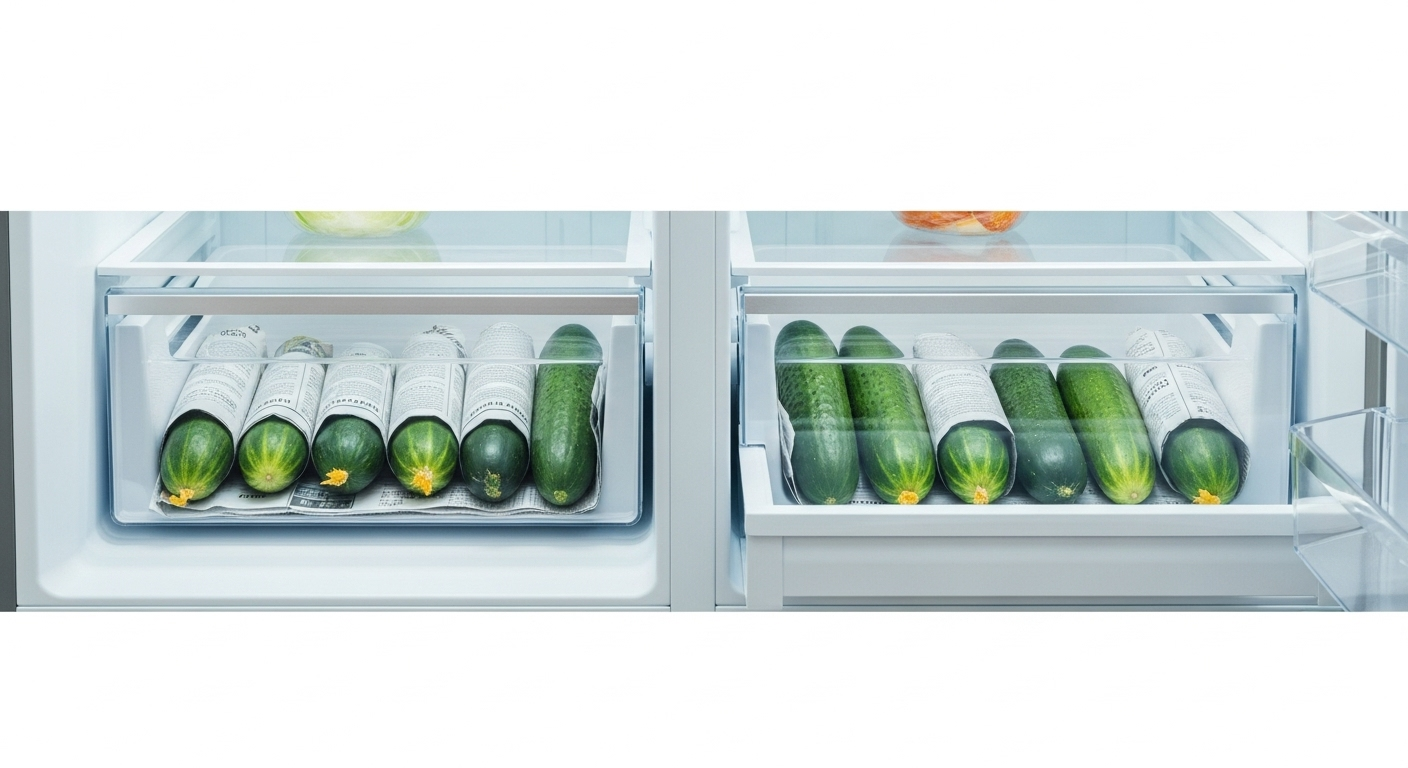 明るいキッチンで冷蔵庫の野菜室にきゅうりを立てて保存している様子