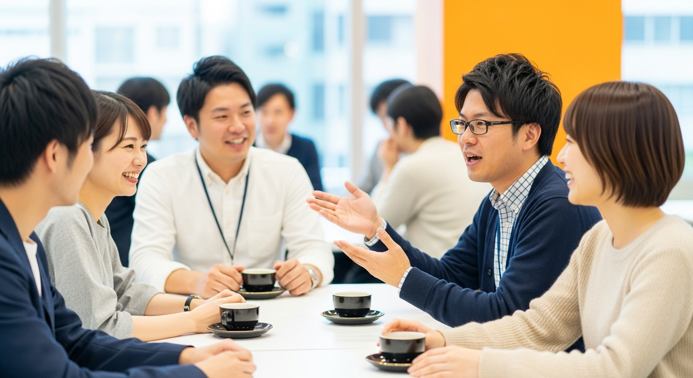 明るいオフィスの休憩室で、20代から30代の日本人男女が楽しそうに会話している様子
