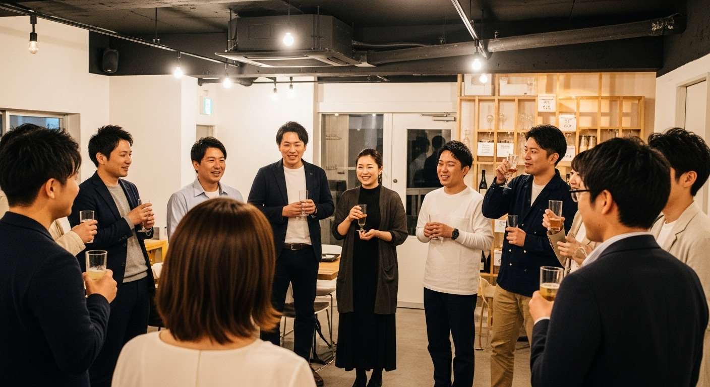 カジュアルなパーティー会場で、20代から40代の日本人男女がグラスを持ちながら円になって会話を楽しんでいる様子