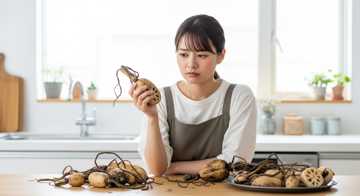 20代の日本人女性がキッチンでれんこんを手に取り困った表情を浮かべている様子