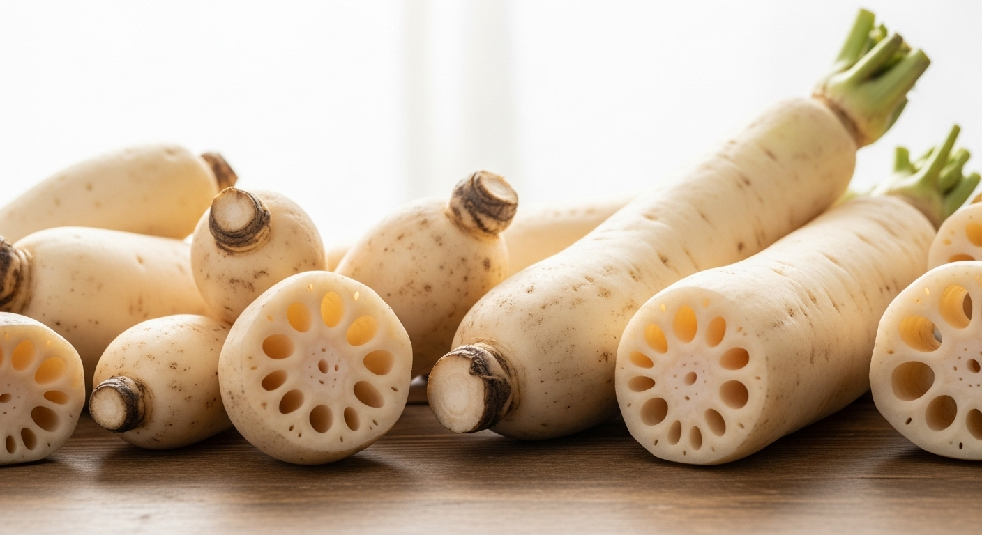 様々な品種のれんこんが木製のテーブルに美しく並べられた様子