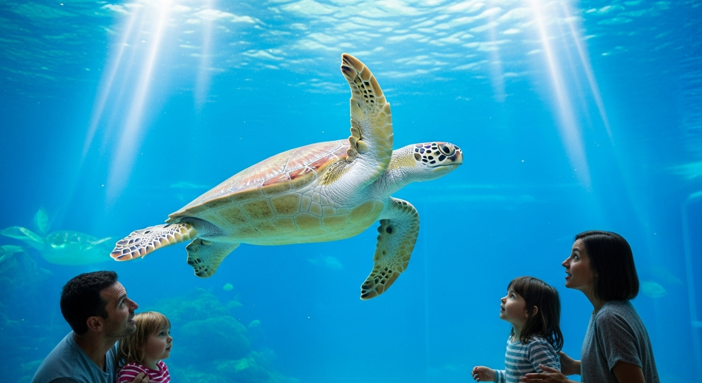 水族館の大きな水槽内を優雅に泳ぐウミガメの姿