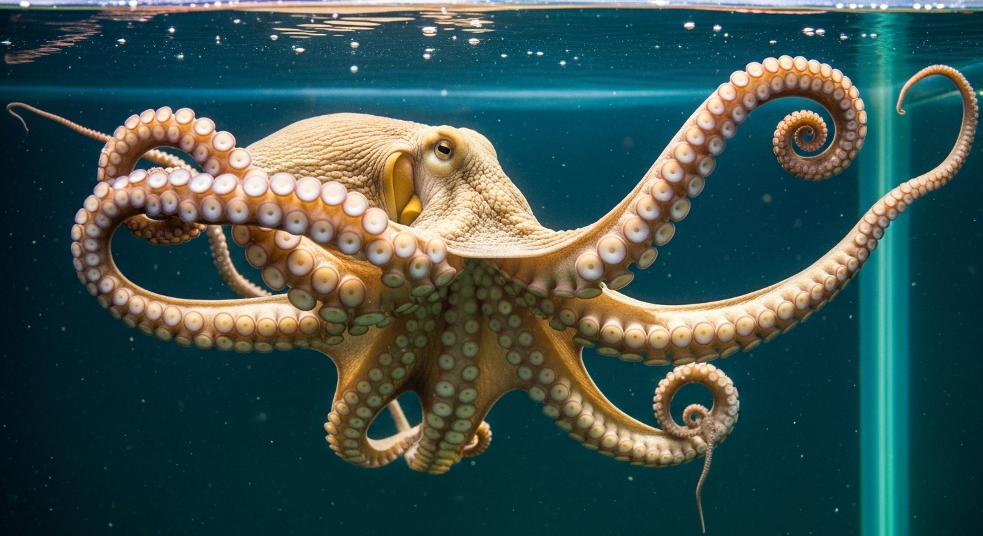 水族館の透明な水槽の中で優雅に泳ぐマダコの姿