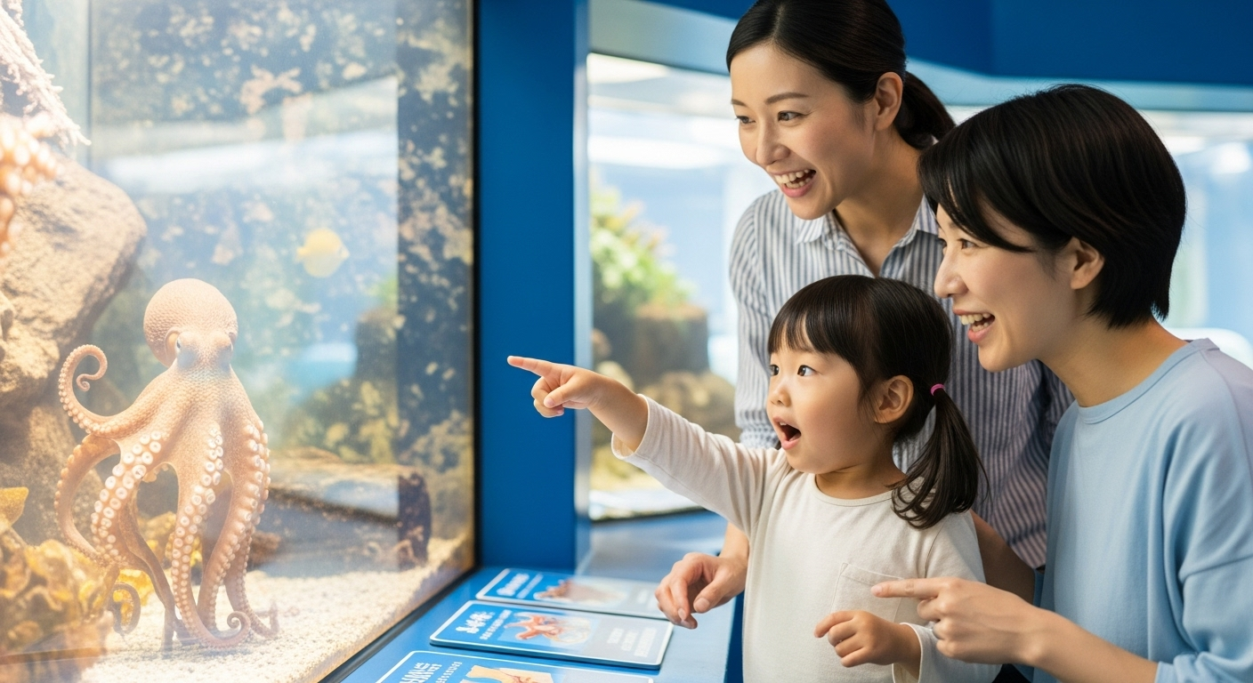 家族連れが水族館でタコの展示を興味深く観察している温かい場面