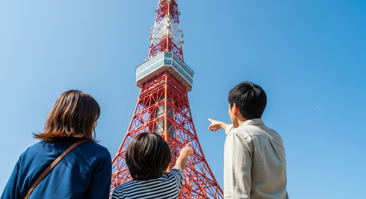 東京タワーを見上げる日本人観光客の家族の後ろ姿