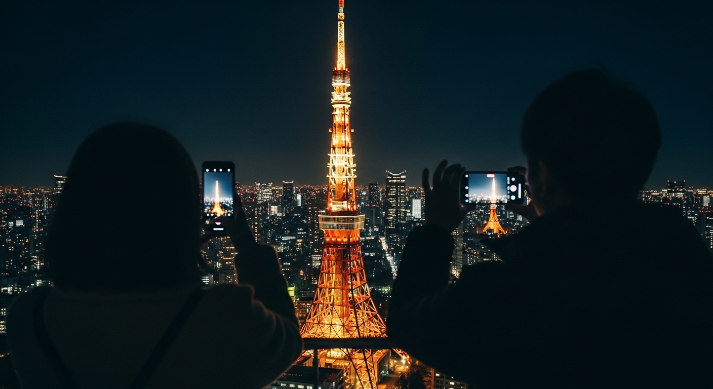 夜の東京タワーが美しくライトアップされている風景