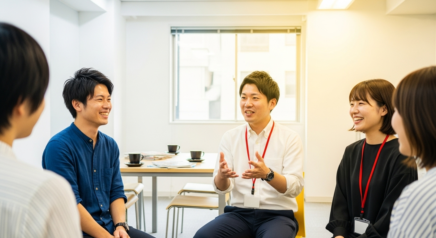 オフィスの休憩室で、20代から30代の日本人男女3-4人が円になって座り、楽しそうに会話している様子