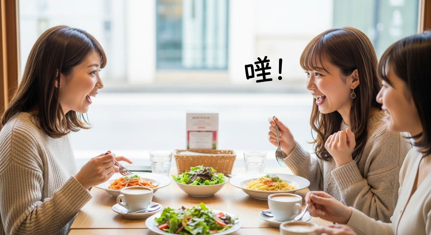 カフェで友人同士が食事をしながら楽しく会話している場面