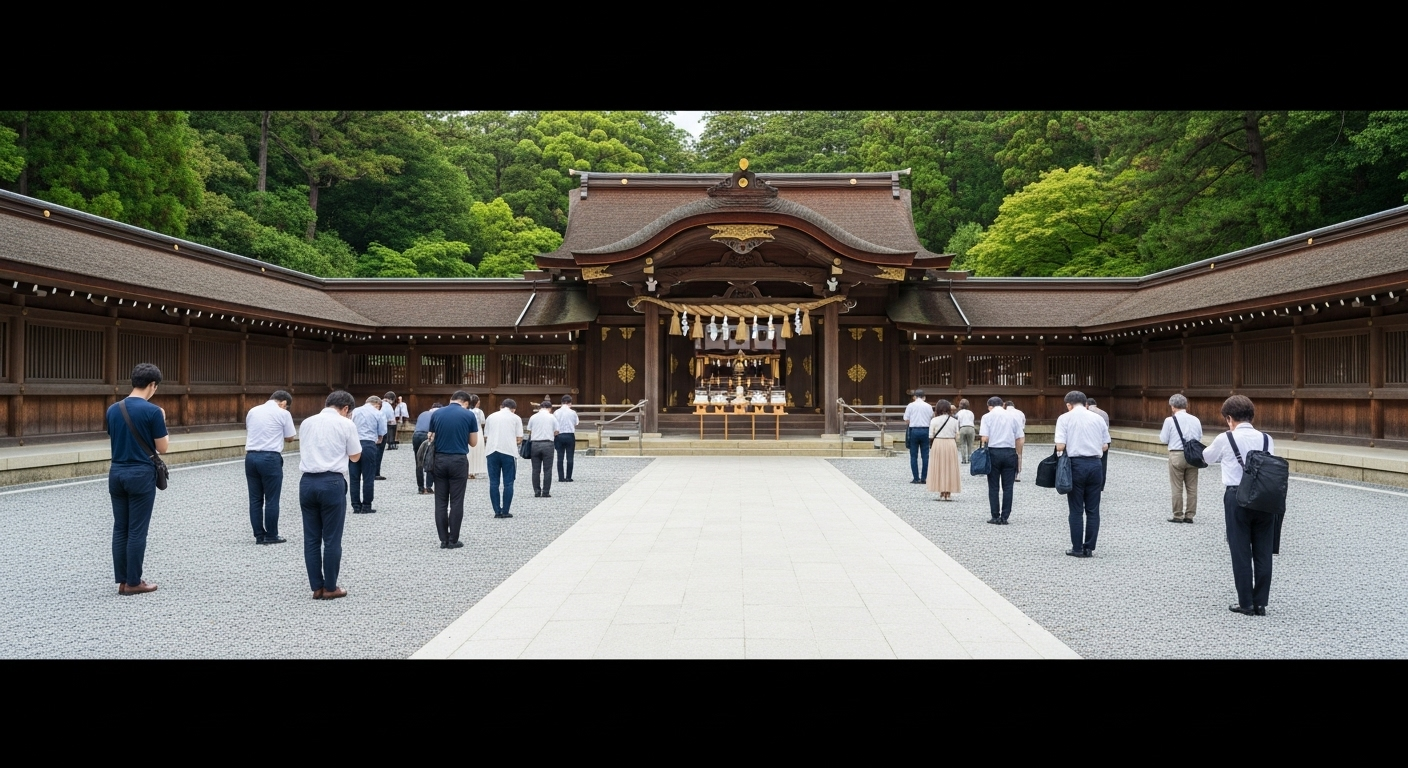 伊勢神宮の外宮正宮前で、20代から30代の日本人男女が正しい参拝作法で二拝二拍手一拝をしている様子