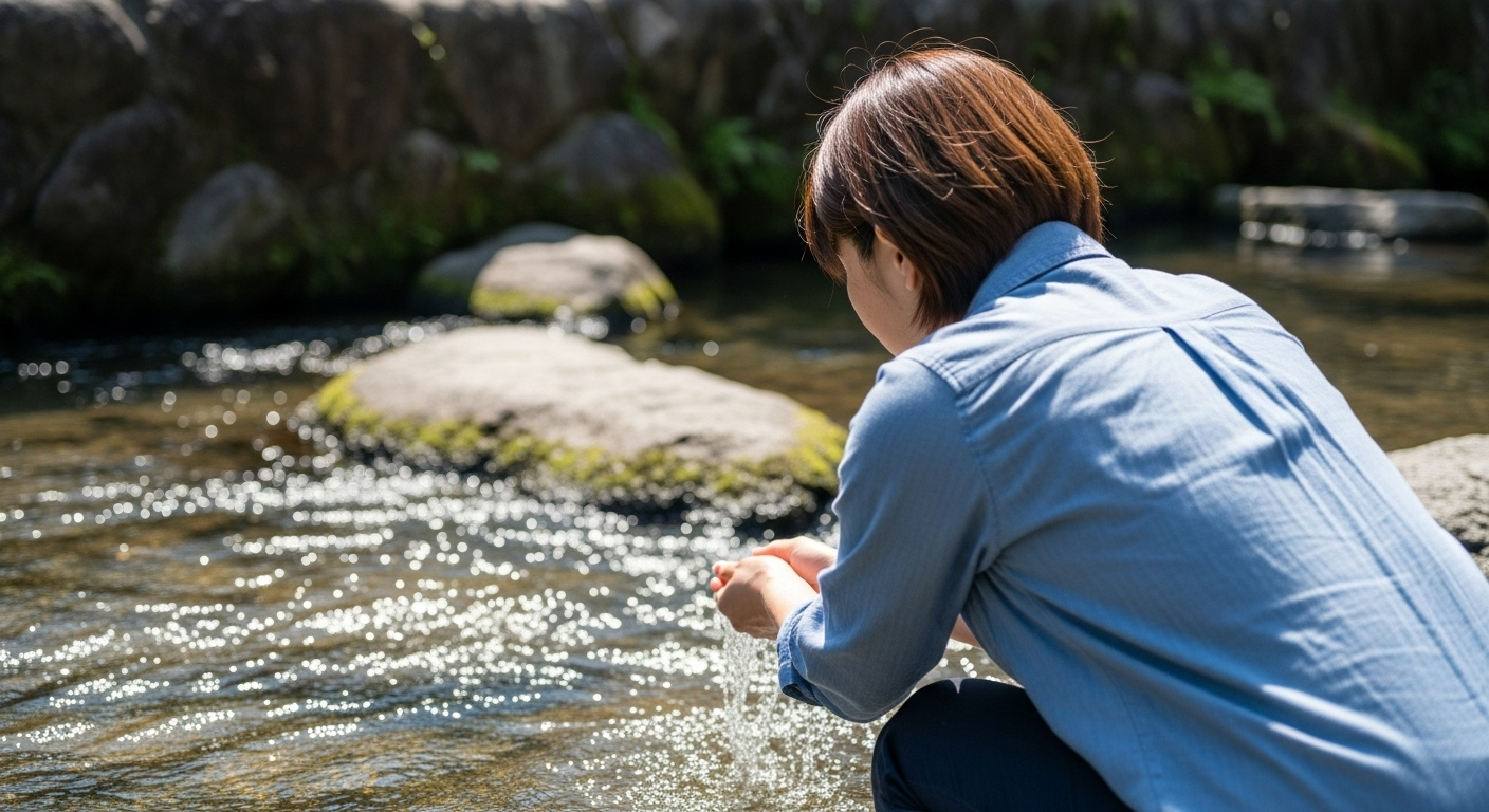 伊勢神宮の内宮・五十鈴川で手を清めている30代の日本人女性の後ろ姿