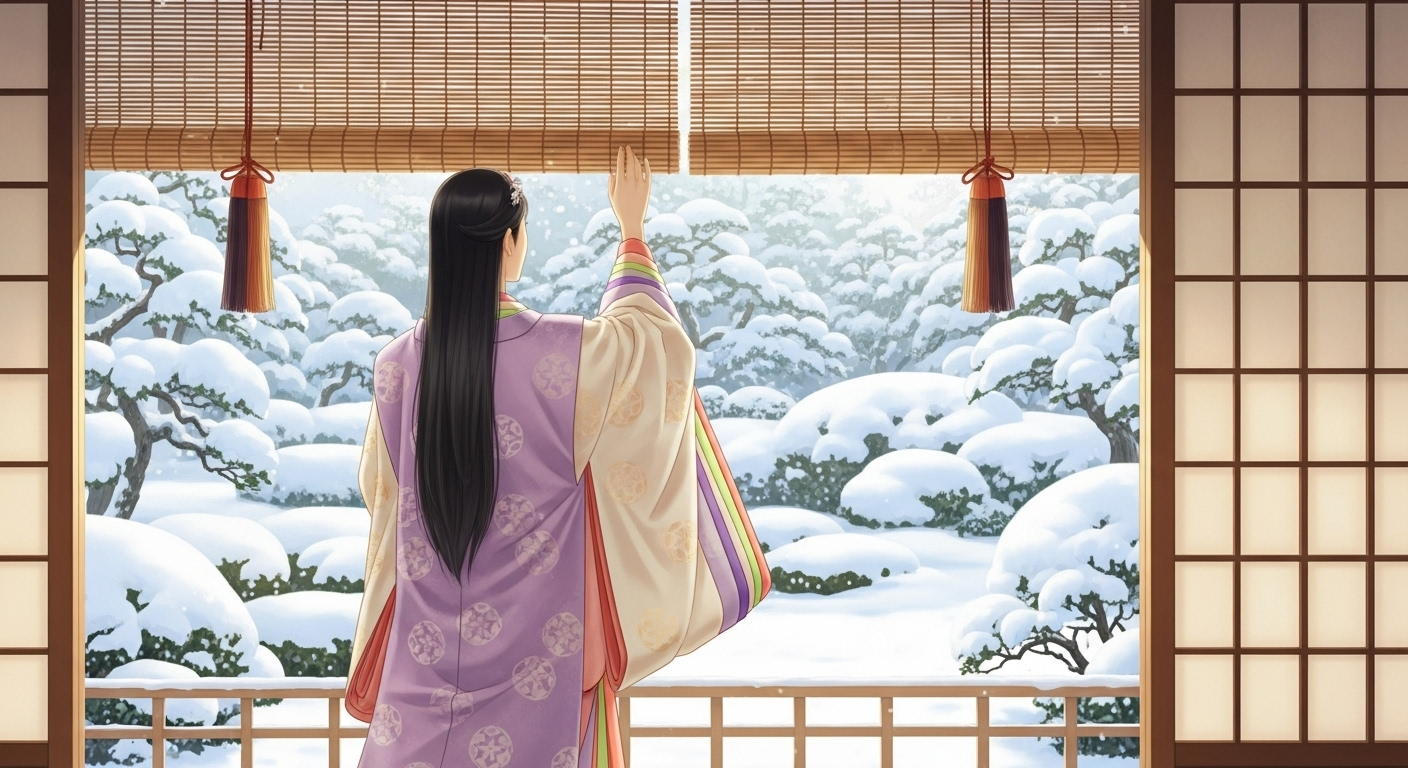 平安時代の宮廷の御簾を上げて雪景色を見せる美しい日本人女性の後ろ姿