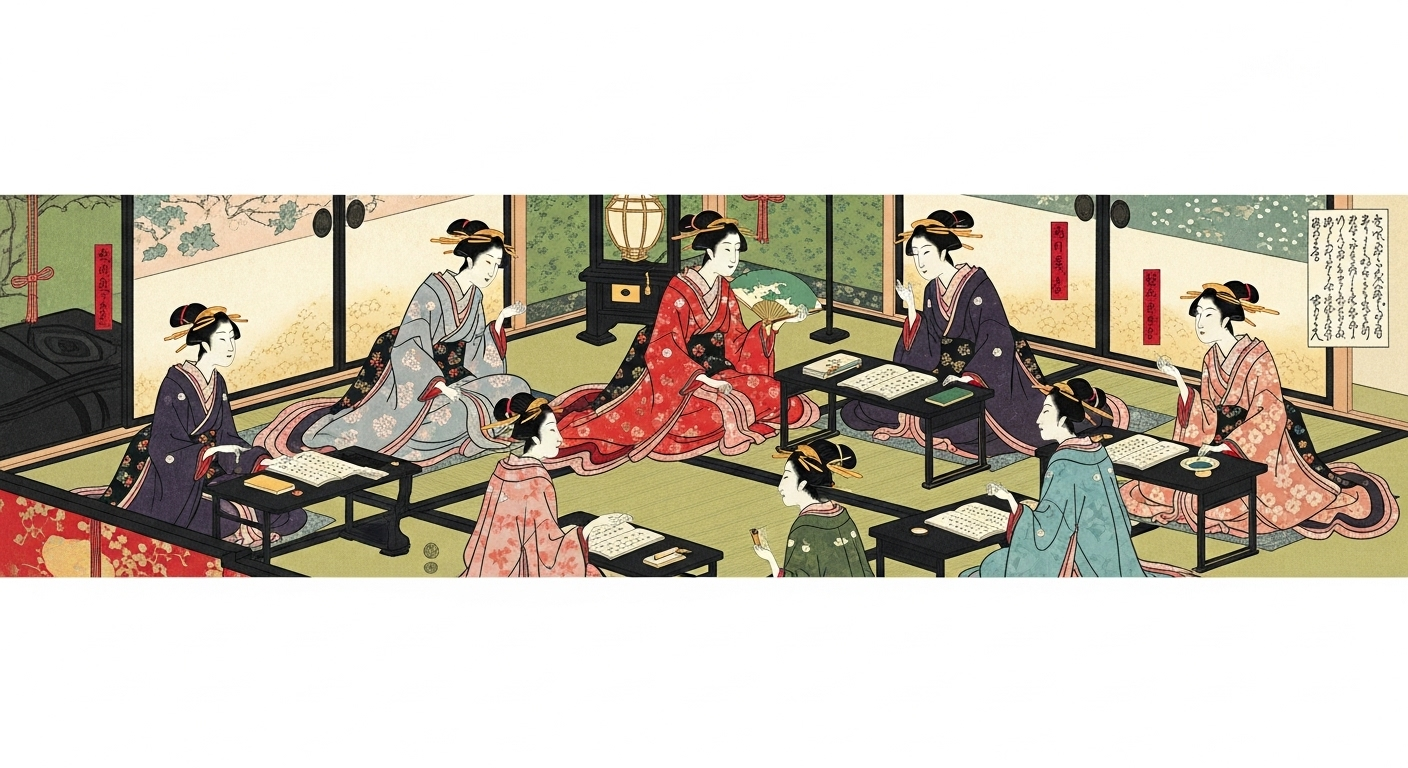 平安時代の宮廷で、美しい日本装束を着た複数の日本人女性たちが円座に座り、和歌や文学について談笑している場面