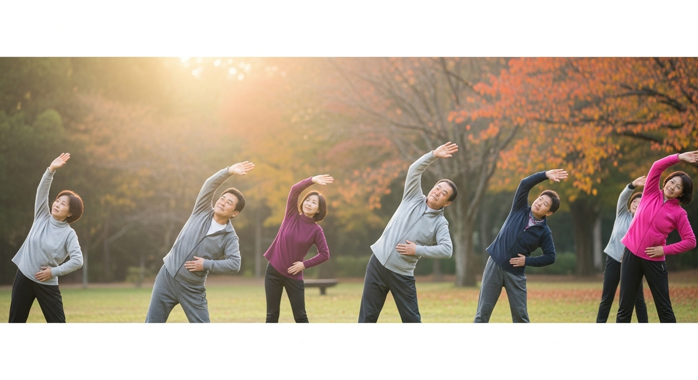 秋の朝の公園で軽い運動をする中高年の日本人男女のグループ