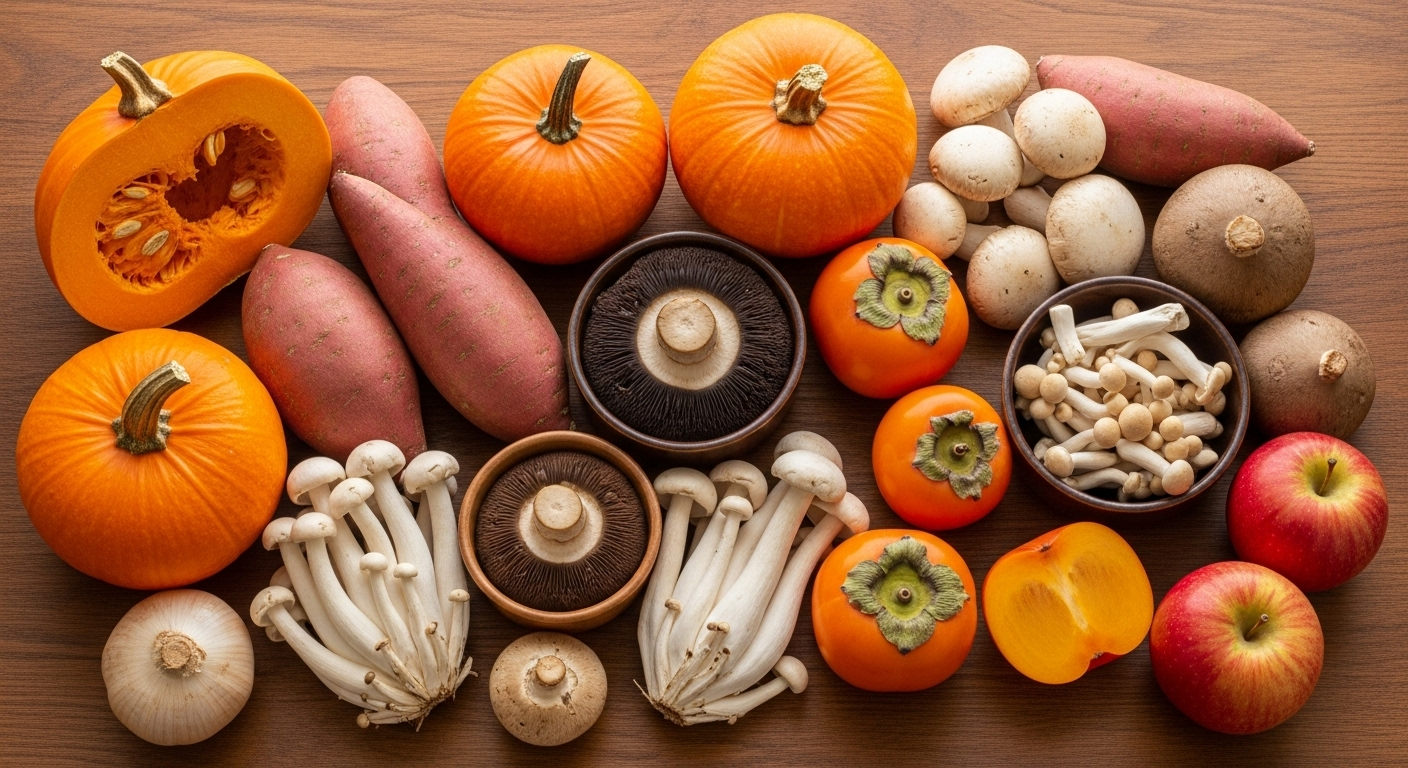 木製のテーブルに秋の旬の食材が美しく並んでいる様子