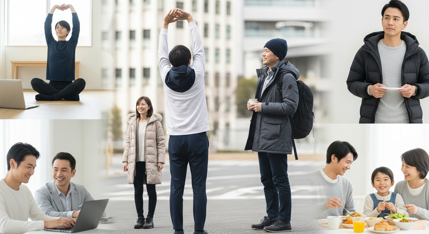 様々なライフスタイルの日本人が健康管理をしている様子のコラージュ風景