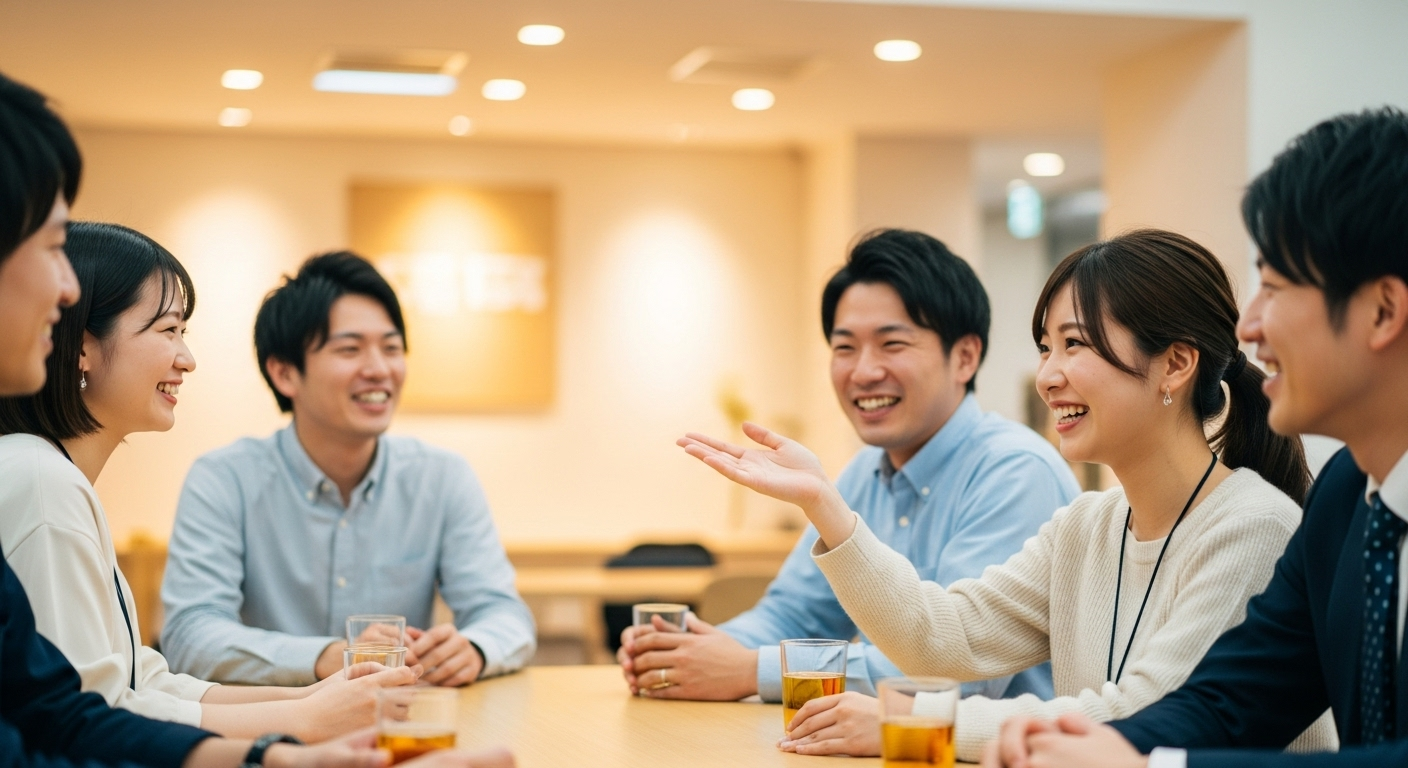 明るいオフィスの休憩スペースで、20代から30代の日本人男女が楽しそうに会話している様子