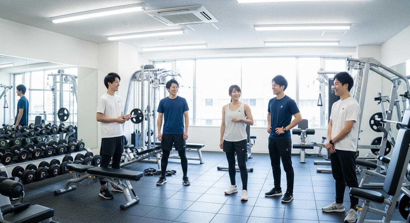 モダンなフィットネスジムで、20代の日本人男女がトレーニング器具の前で談笑している場面