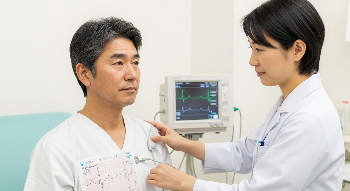 健康診断を受ける日本人の中年男性が心電図検査を受けている様子