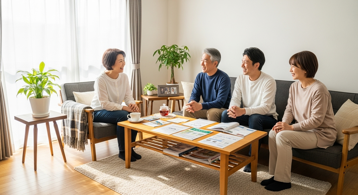 年代の異なる日本人家族(30代夫婦と60代の両親)がリビングで健康について話し合っている温かい場面
