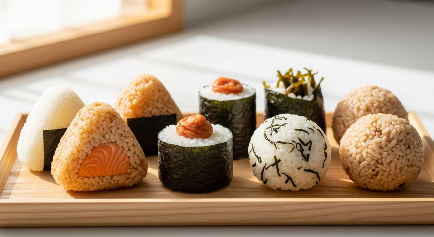 様々な形のおにぎりが並んでいる風景