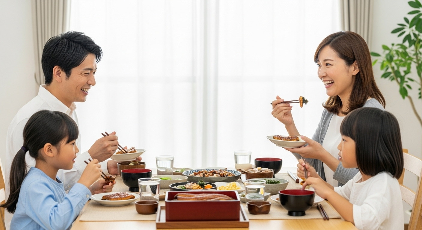 家族での食事風景で、テーブルに美味しそうなうな重が並び、30代の日本人夫婦と小学生の子供2人が楽しそうに会話をしながら食事をしている様子