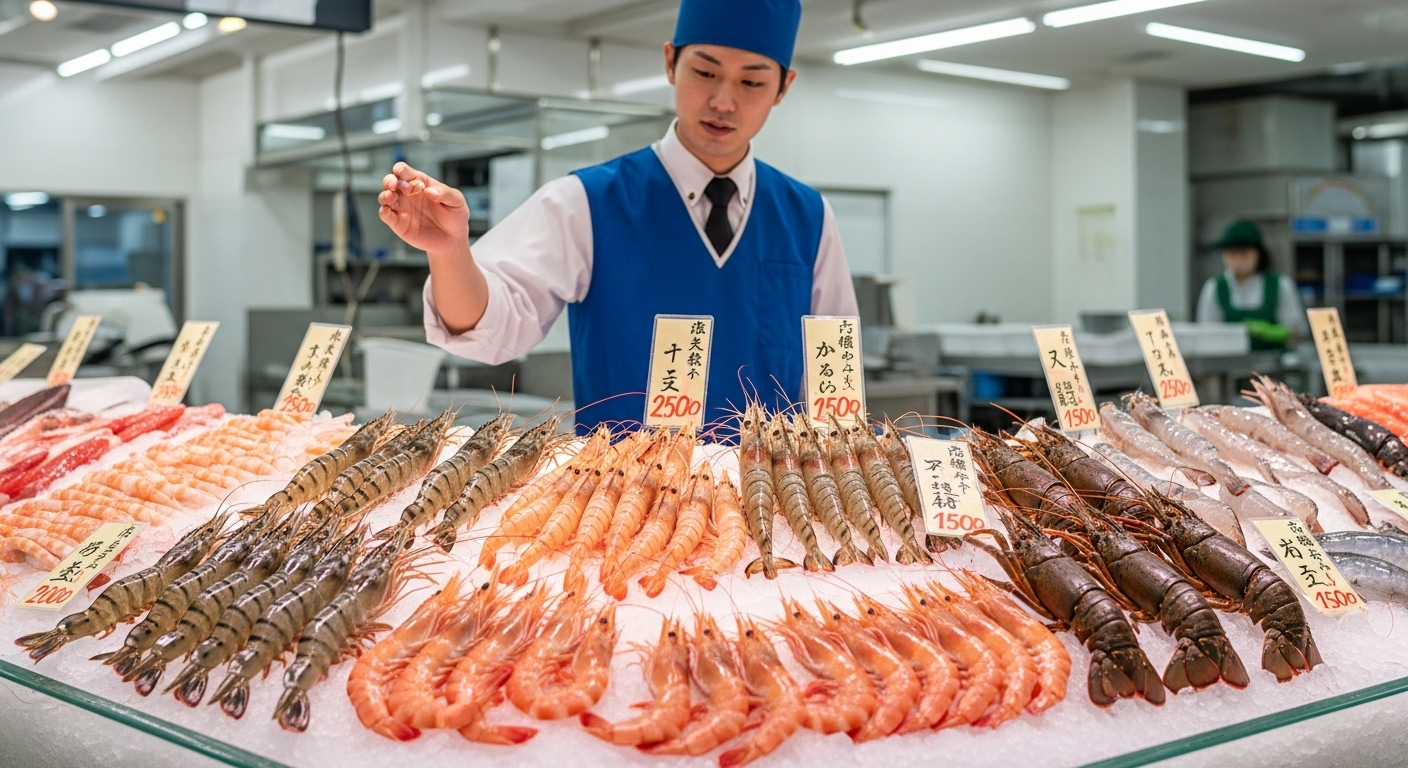 様々な種類のえびが美しく陳列された市場や鮮魚店の風景
