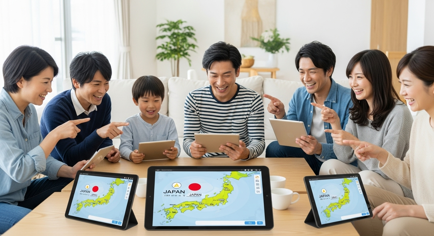 明るいリビングルームで、タブレットやスマートフォンを囲んで家族や友人たちが楽しそうにオンラインクイズに参加している様子