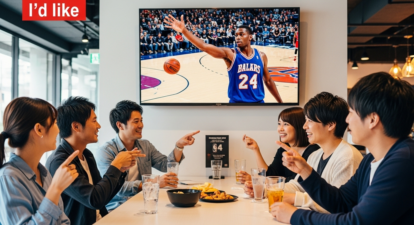 スポーツバーの明るい雰囲気の中で、大画面テレビでNBAの試合を観戦している日本人の友人グループ