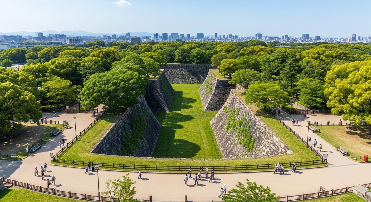 大阪城公園の空堀を俯瞰で見下ろした風景