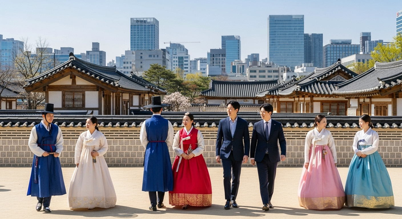 韓国の伝統的な文化と現代文化が融合した場面を描写