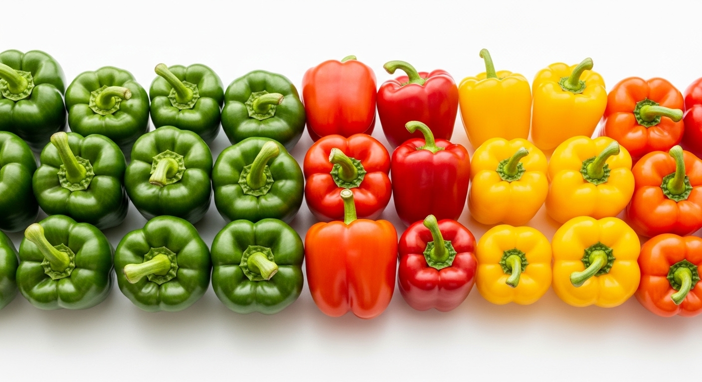 カラフルなピーマンとパプリカが並んでいる比較画像