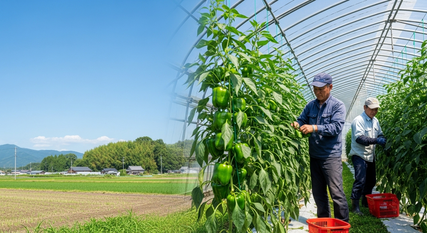 日本の農場でピーマンを栽培している様子