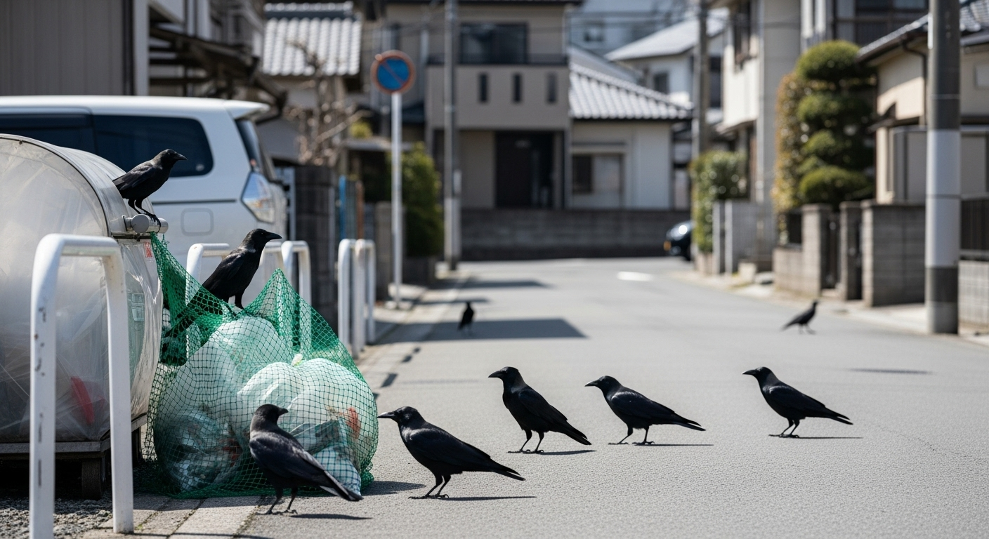 都市部の住宅街で、ゴミ置き場の周りに集まる数羽のカラスたち