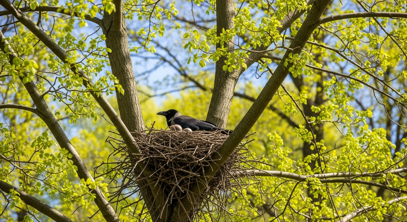 公園の高い木の枝に作られたカラスの巣と、そこで卵を温める親鳥の様子