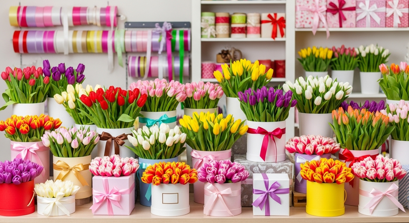 チューリップのギフトボックスとカラフルな花束が並んでいるフラワーショップの様子