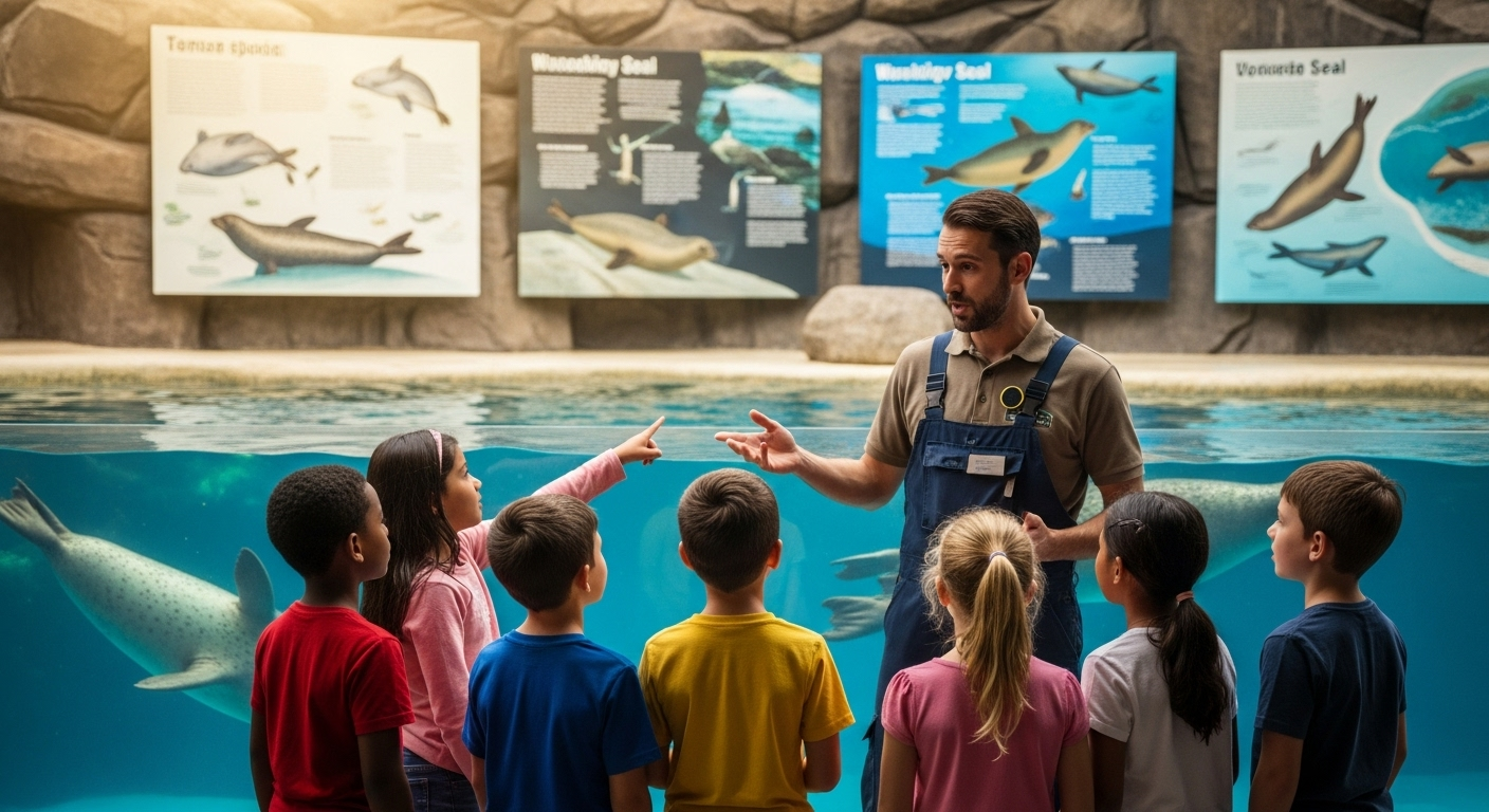 水族館の飼育員が子供たちにアザラシの生態について解説している教育的な場面