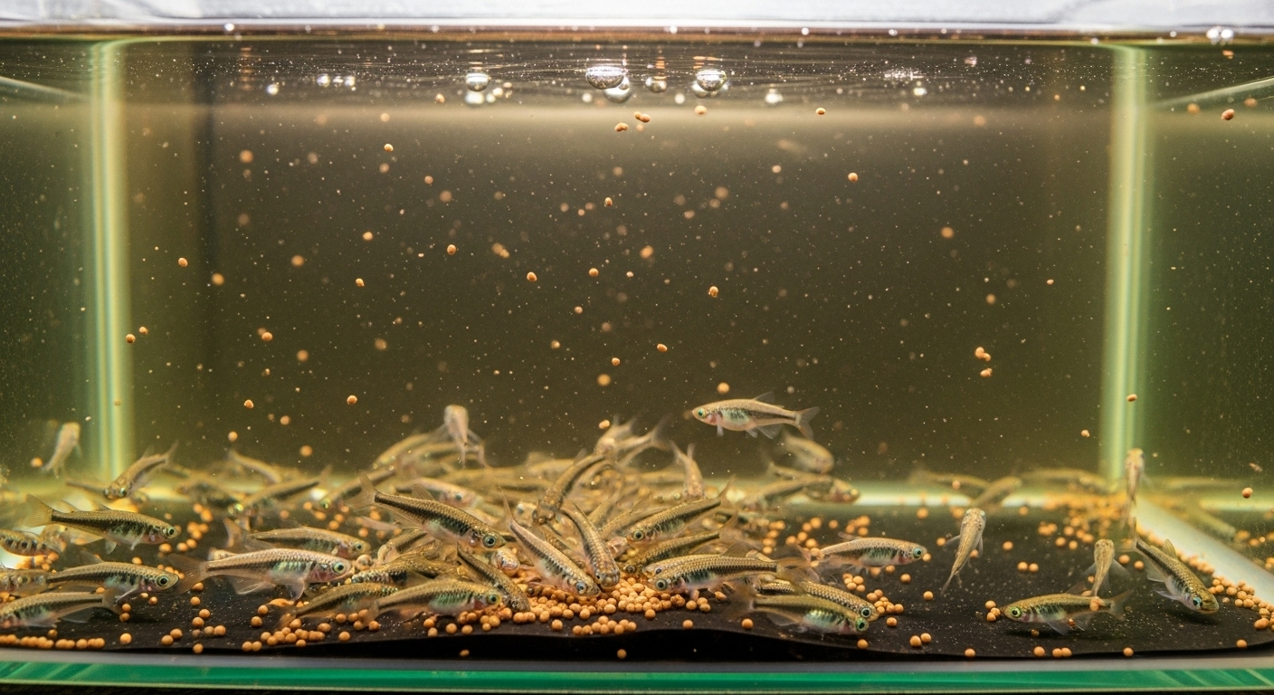 透明な水槽の中で小さなメダカたちが底に沈んだ餌を奪い合っている様子